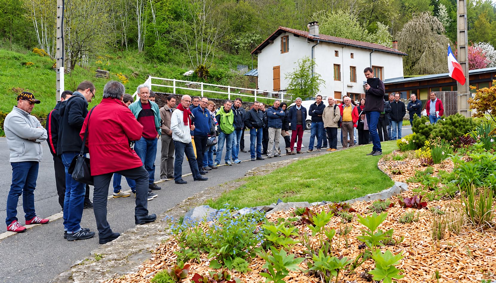 Une quarantaine de personnes écoutent un homme debout au bord d'une route, près d'un massif de plantes paillé et d'un drapeau français, devant une maison blanche.