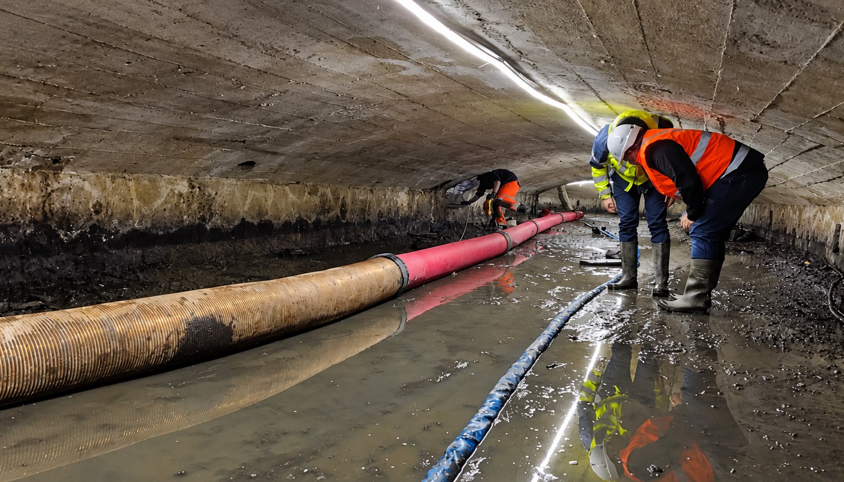 Des ouvriers casqués en gilets orange travaillent dans un grand collecteur en béton inondé, le long de gros tuyaux de pompage.