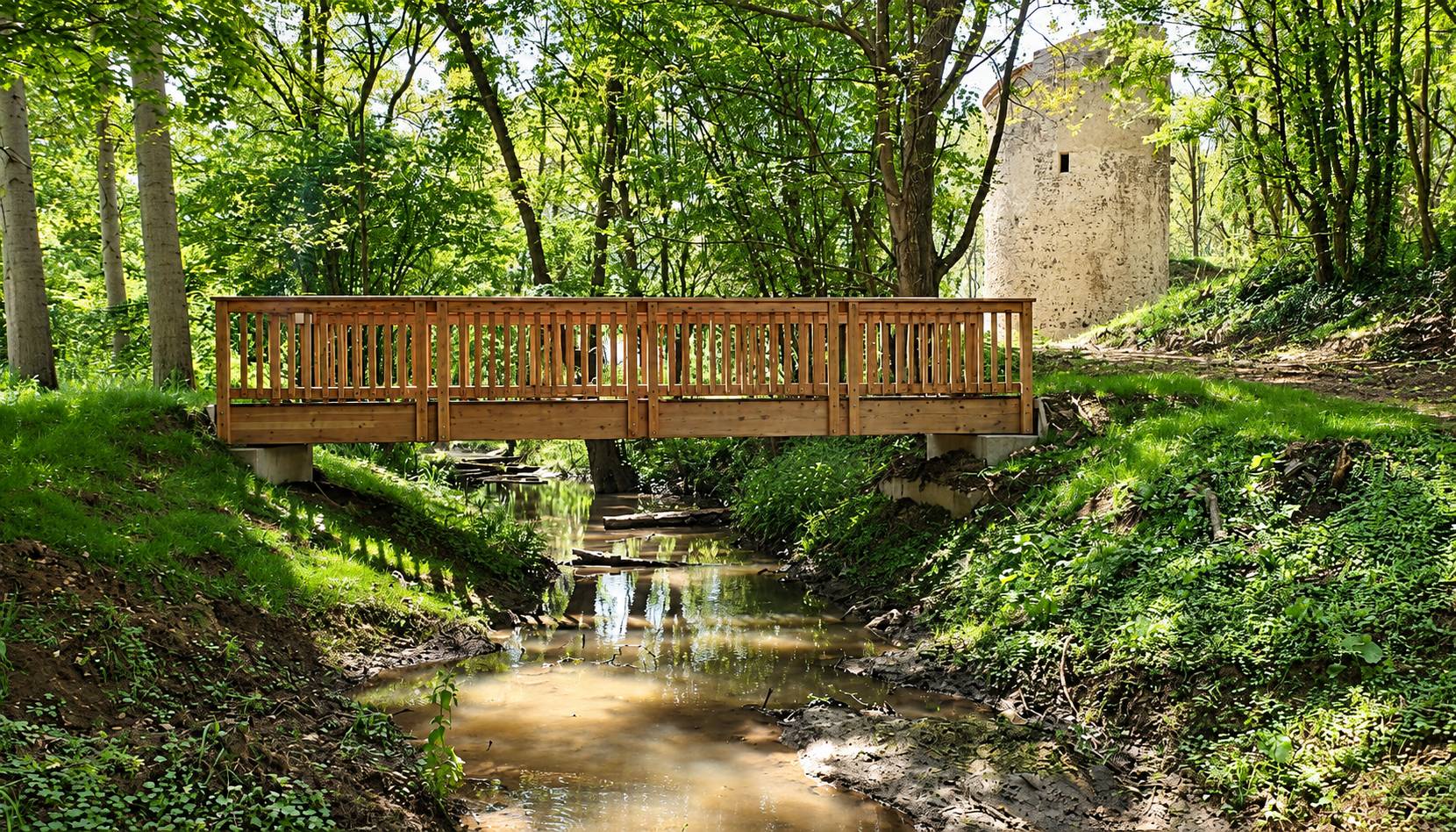 Une passerelle en bois à garde-corps enjambe un ruisseau dans un sous-bois ensoleillé, avec une ancienne tour en pierre à l'arrière-plan.