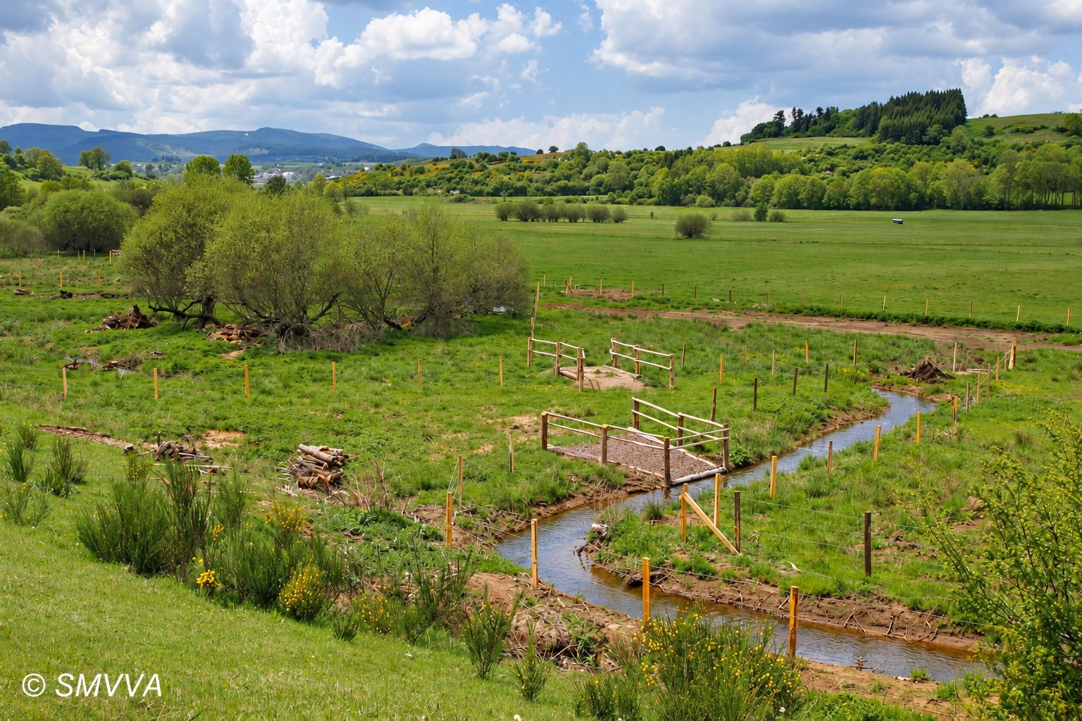 Un petit ruisseau sinueux traverse une prairie verte, avec des passerelles en bois et des clôtures récemment installées, sous un ciel nuageux.