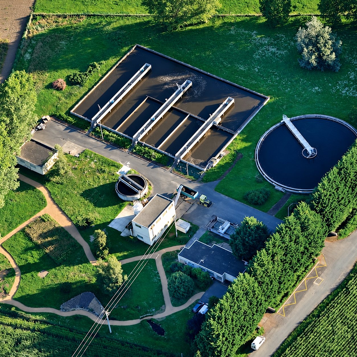 Vue aérienne d'une station d'épuration entourée de pelouses et d'arbres, avec un grand bassin rectangulaire équipé de ponts racleurs et un bassin circulaire.